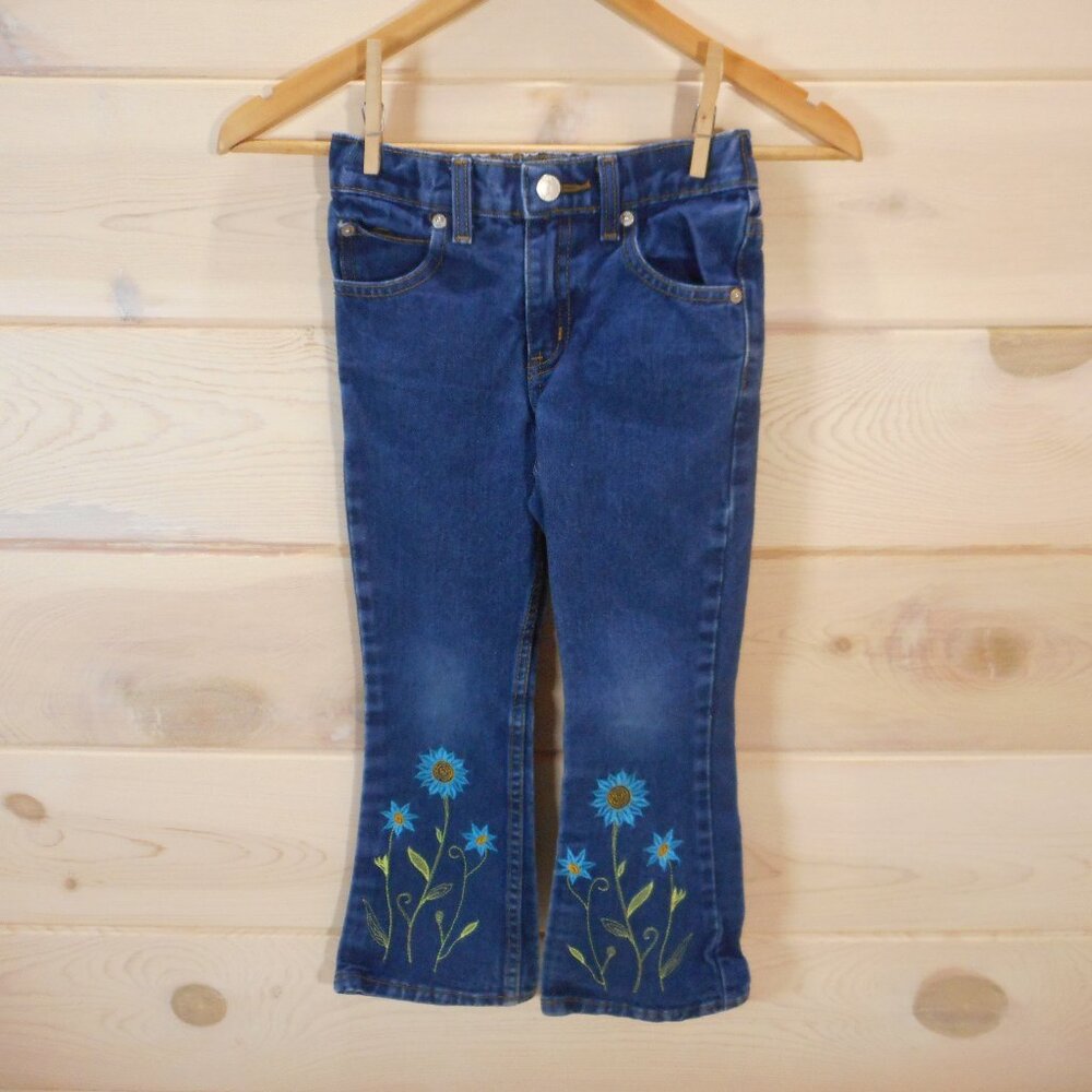 Vintage Jordache Girls Size 5 Flare Jeans Embroidered Flowers Blue Hippie